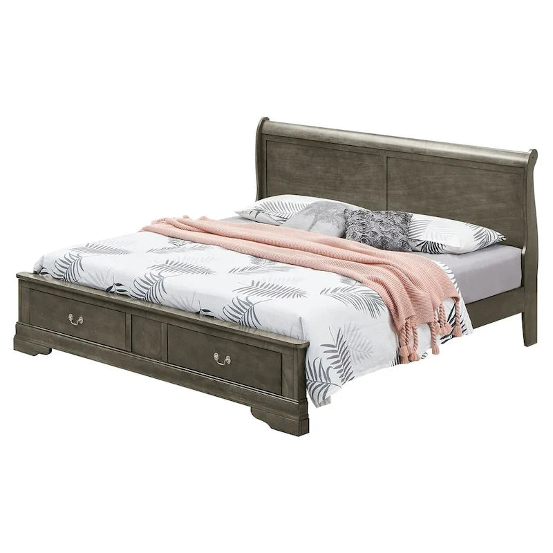 Cherry / White / Cappuccino / Black / Grey Solid Wood King Storage Panel Bed, 1-Piece