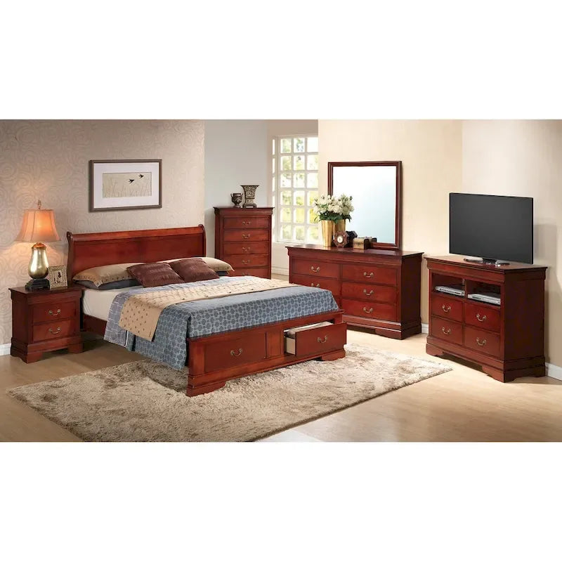 Cherry / White / Cappuccino / Black / Grey Solid Wood King Storage Panel Bed, 1-Piece
