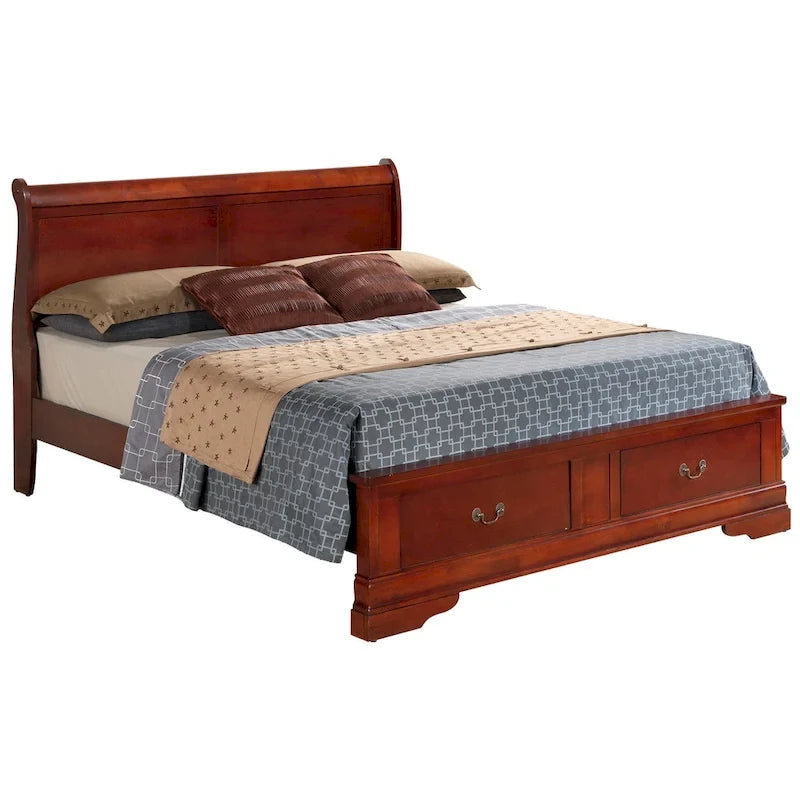 Cherry / White / Cappuccino / Black / Grey Solid Wood King Storage Panel Bed, 1-Piece