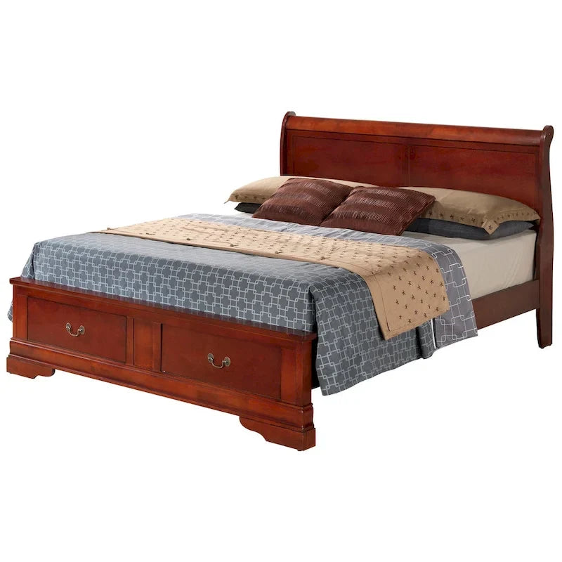 Cherry / White / Cappuccino / Black / Grey Solid Wood King Storage Panel Bed, 1-Piece