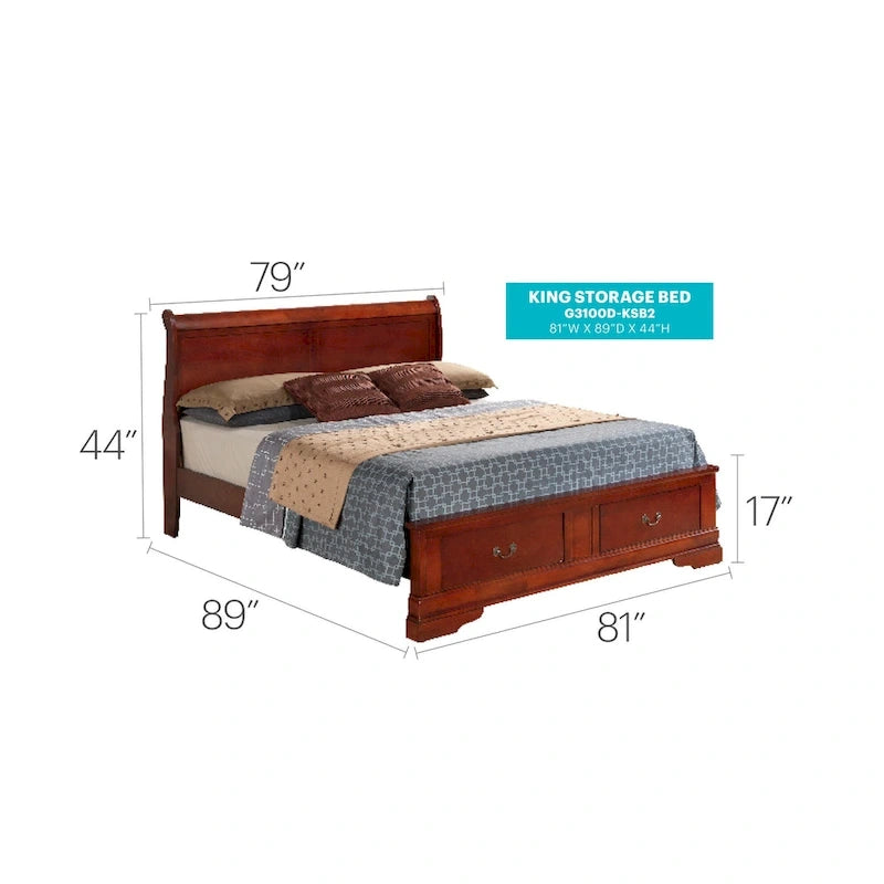 Cherry / White / Cappuccino / Black / Grey Solid Wood King Storage Panel Bed, 1-Piece