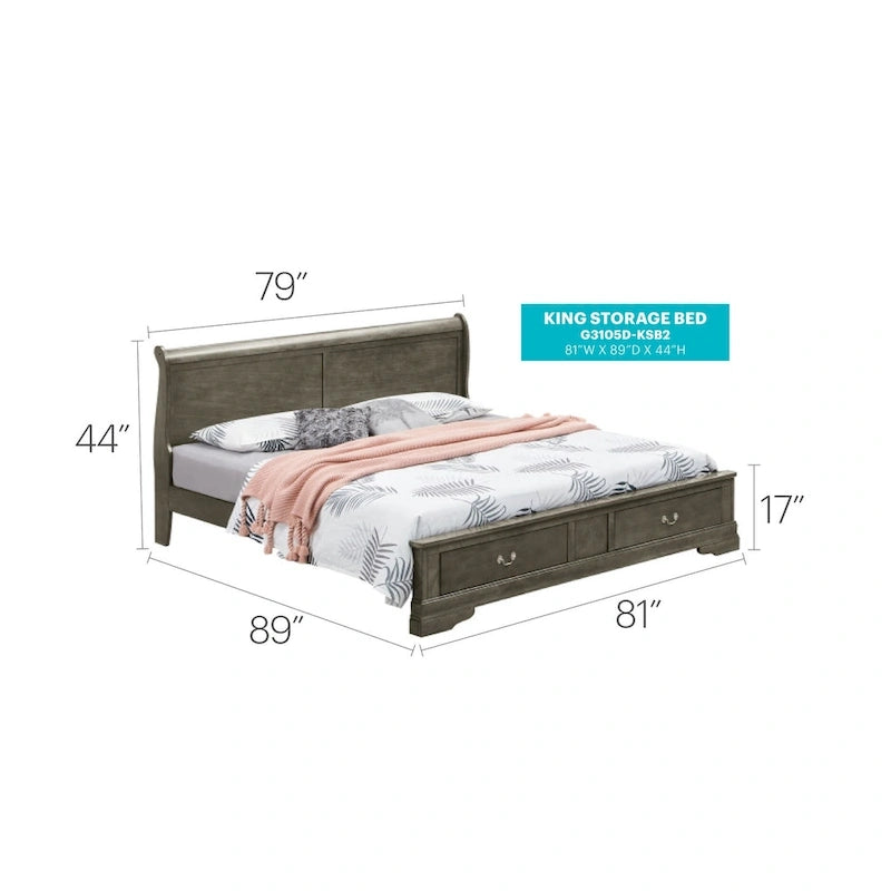 Cherry / White / Cappuccino / Black / Grey Solid Wood King Storage Panel Bed, 1-Piece