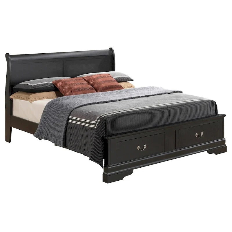 Cherry / White / Cappuccino / Black / Grey Solid Wood King Storage Panel Bed, 1-Piece