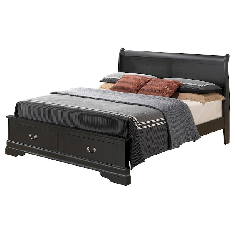 Cherry / White / Cappuccino / Black / Grey Solid Wood King Storage Panel Bed, 1-Piece