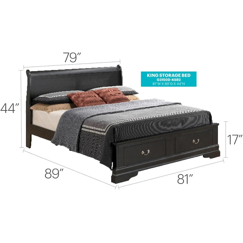 Cherry / White / Cappuccino / Black / Grey Solid Wood King Storage Panel Bed, 1-Piece