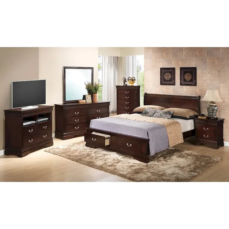 Cherry / White / Cappuccino / Black / Grey Solid Wood King Storage Panel Bed, 1-Piece