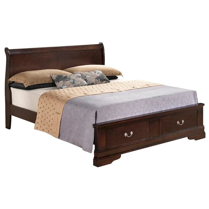 Cherry / White / Cappuccino / Black / Grey Solid Wood King Storage Panel Bed, 1-Piece