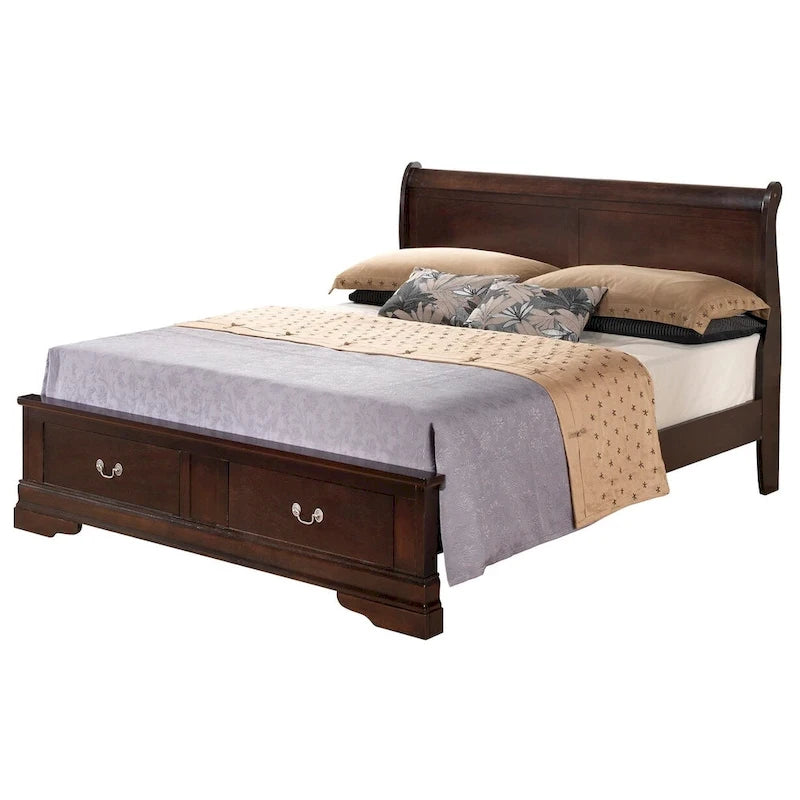 Cherry / White / Cappuccino / Black / Grey Solid Wood King Storage Panel Bed, 1-Piece