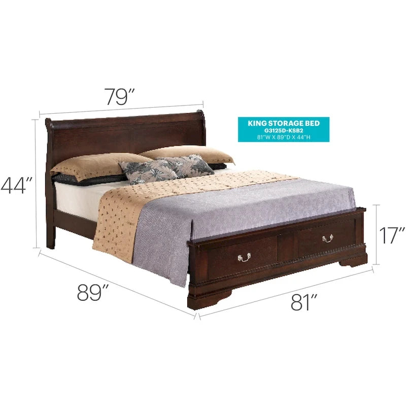 Cherry / White / Cappuccino / Black / Grey Solid Wood King Storage Panel Bed, 1-Piece