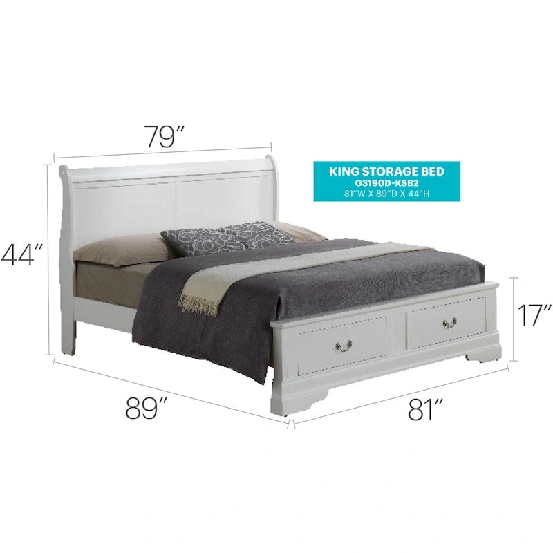 Cherry / White / Cappuccino / Black / Grey Solid Wood King Storage Panel Bed, 1-Piece