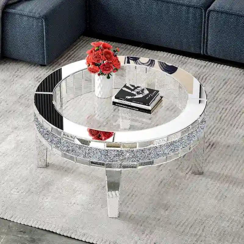 Round Glass Top Coffee Table with Crystal Inlay