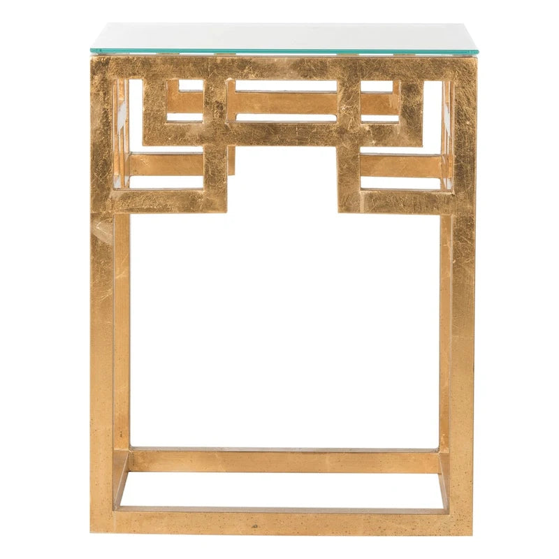 Gold Greek Key Glass Top End Table