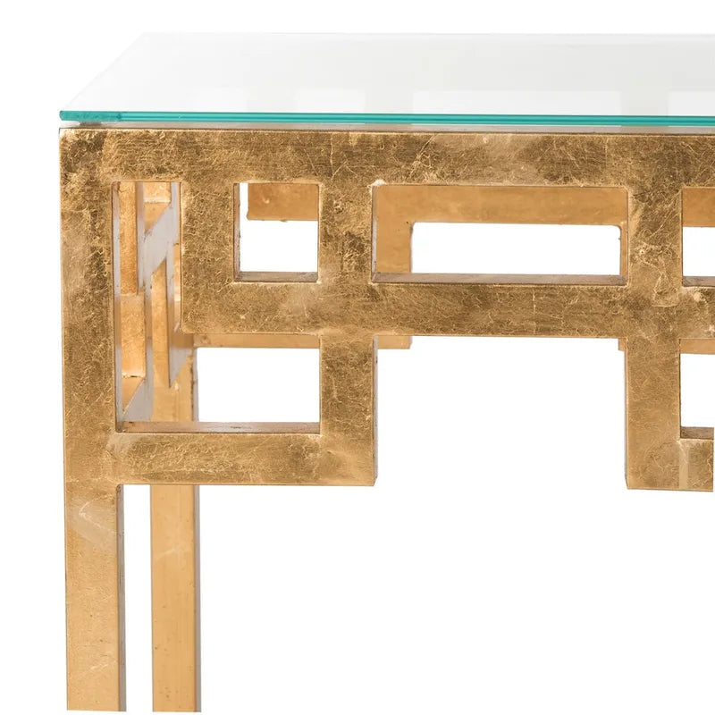 Gold Greek Key Glass Top End Table