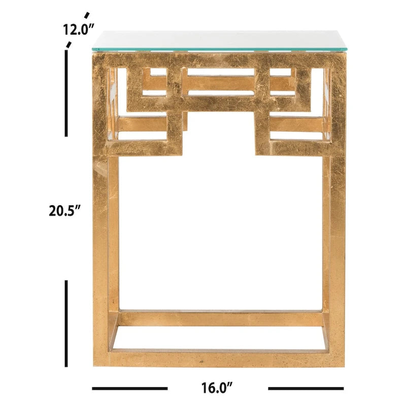 Gold Greek Key Glass Top End Table
