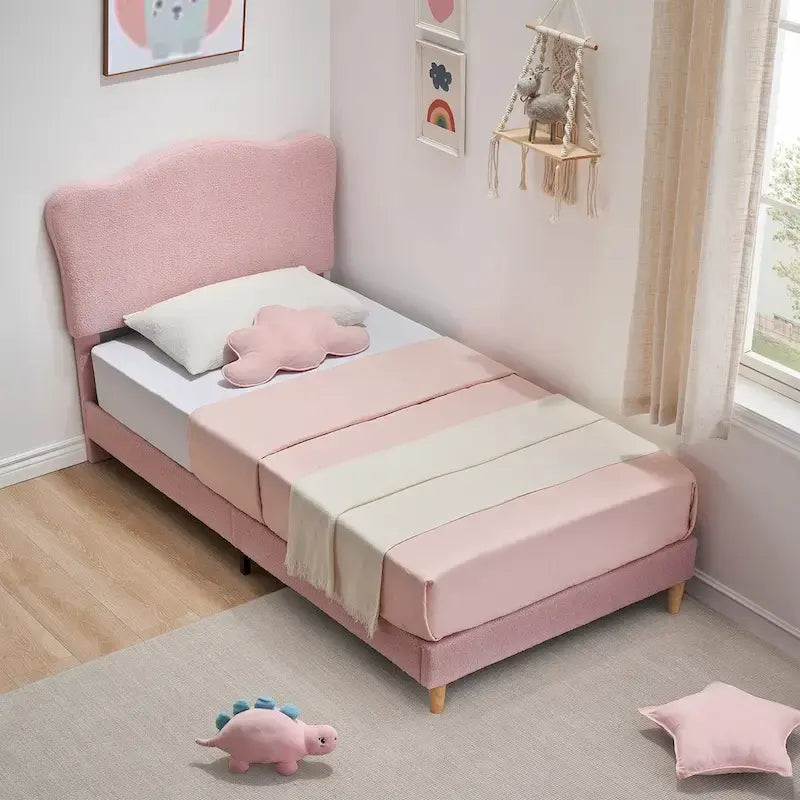 Twin Upholstered Platform Bed with Headboard – Pink / Blue / Beige, 1-Person
