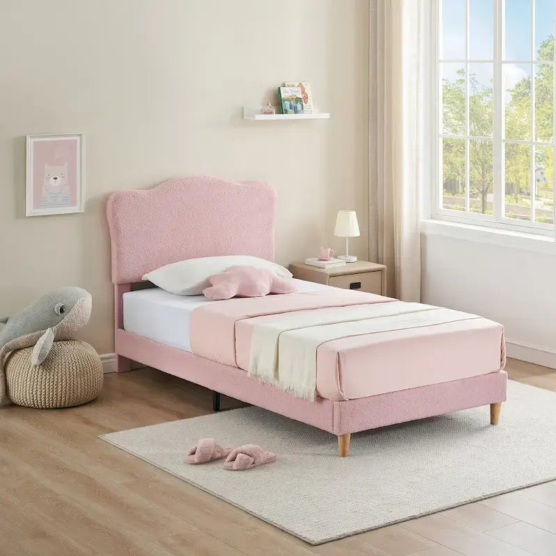 Twin Upholstered Platform Bed with Headboard – Pink / Blue / Beige, 1-Person
