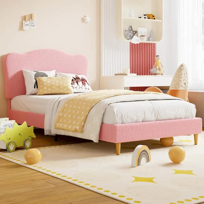 Twin Upholstered Platform Bed with Headboard – Pink / Blue / Beige, 1-Person