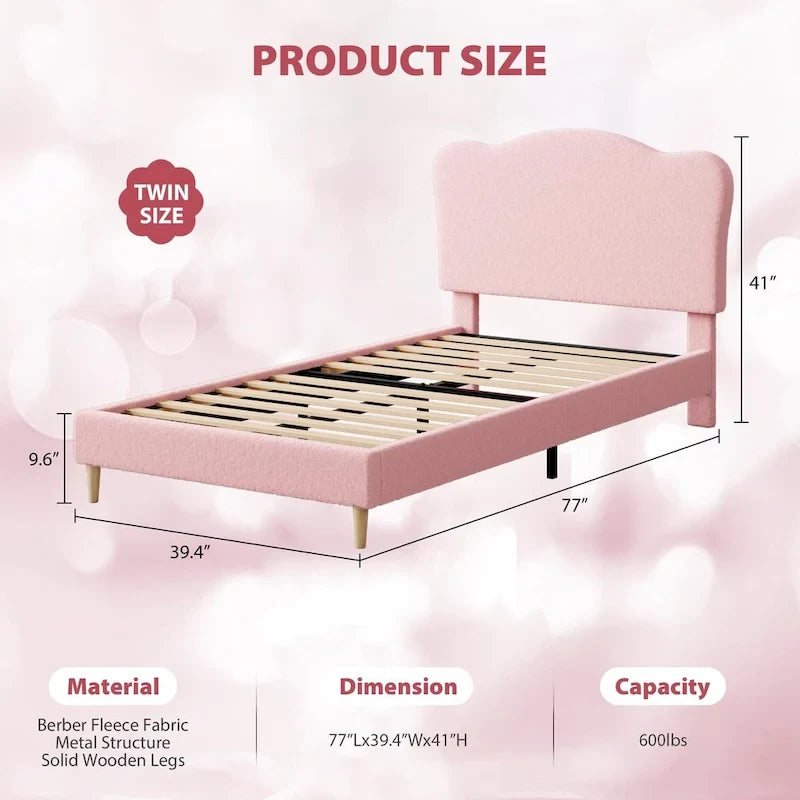 Twin Upholstered Platform Bed with Headboard – Pink / Blue / Beige, 1-Person
