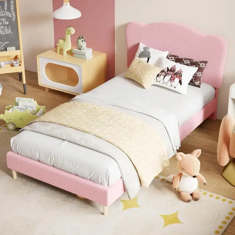 Twin Upholstered Platform Bed with Headboard – Pink / Blue / Beige, 1-Person