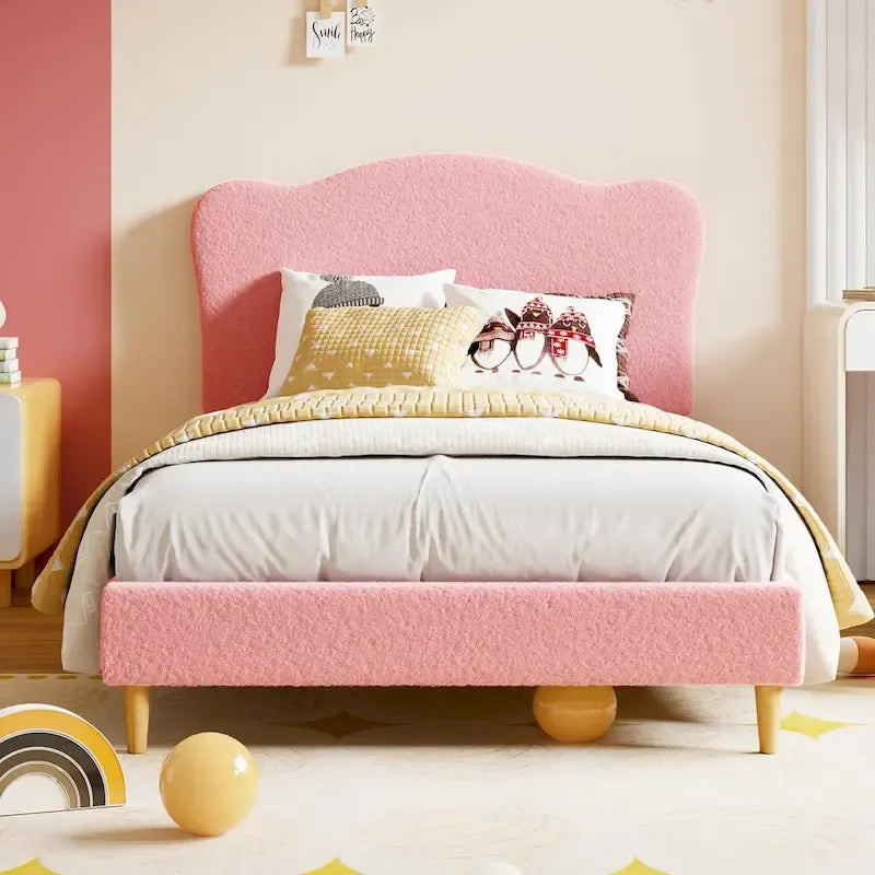 Twin Upholstered Platform Bed with Headboard – Pink / Blue / Beige, 1-Person