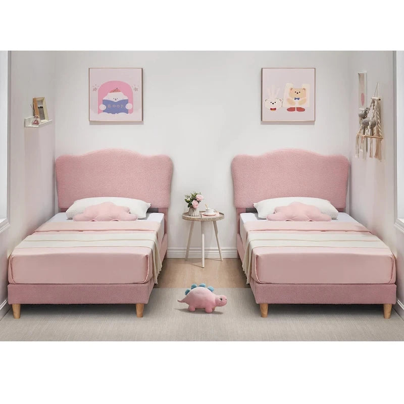 Twin Upholstered Platform Bed with Headboard – Pink / Blue / Beige, 1-Person