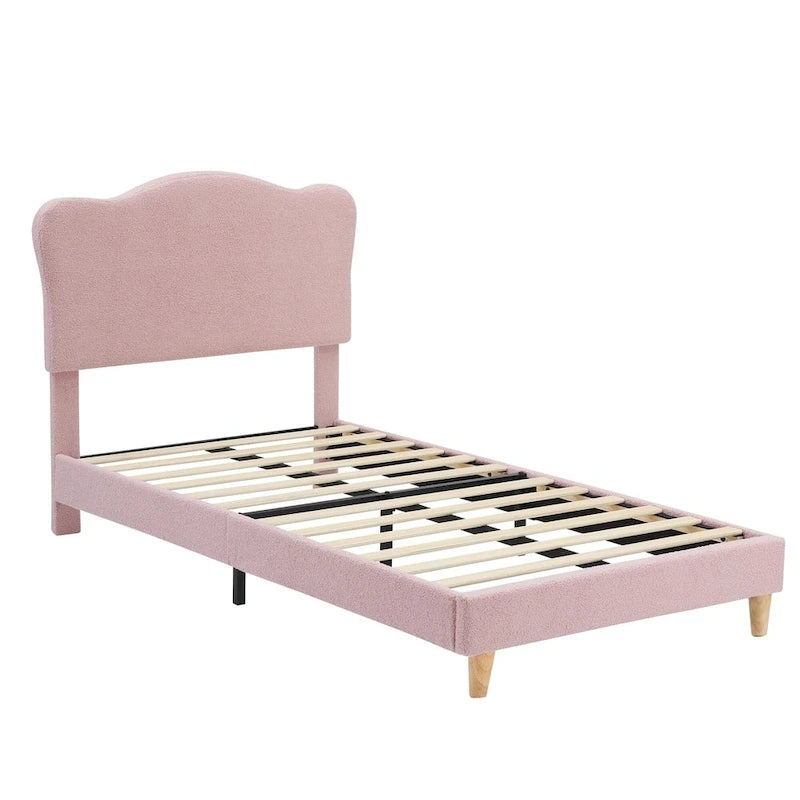 Twin Upholstered Platform Bed with Headboard – Pink / Blue / Beige, 1-Person