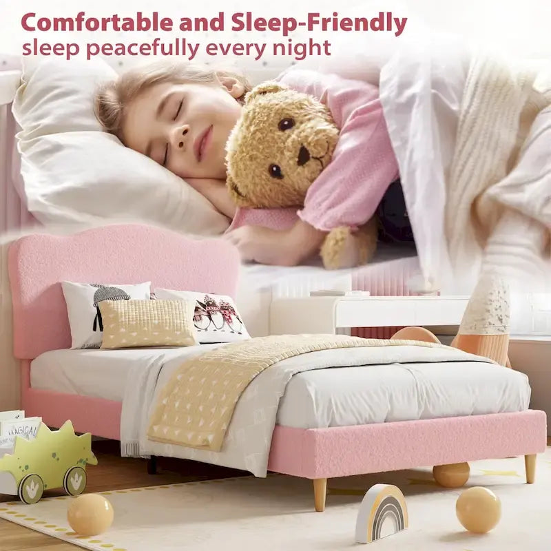 Twin Upholstered Platform Bed with Headboard – Pink / Blue / Beige, 1-Person