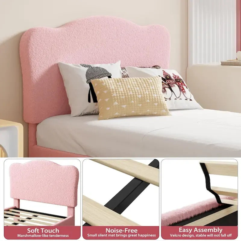 Twin Upholstered Platform Bed with Headboard – Pink / Blue / Beige, 1-Person