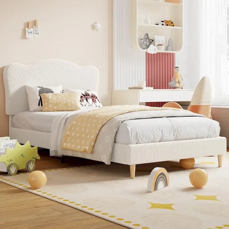 Twin Upholstered Platform Bed with Headboard – Pink / Blue / Beige, 1-Person