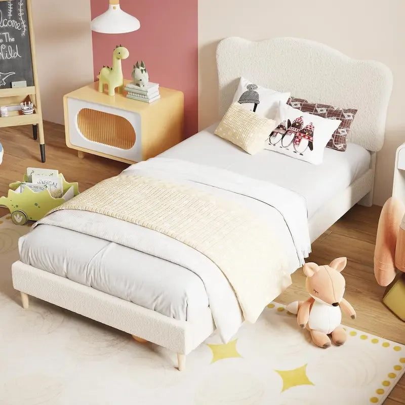 Twin Upholstered Platform Bed with Headboard – Pink / Blue / Beige, 1-Person