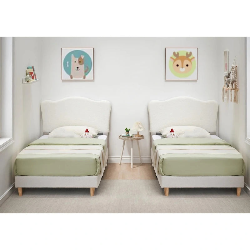 Twin Upholstered Platform Bed with Headboard – Pink / Blue / Beige, 1-Person