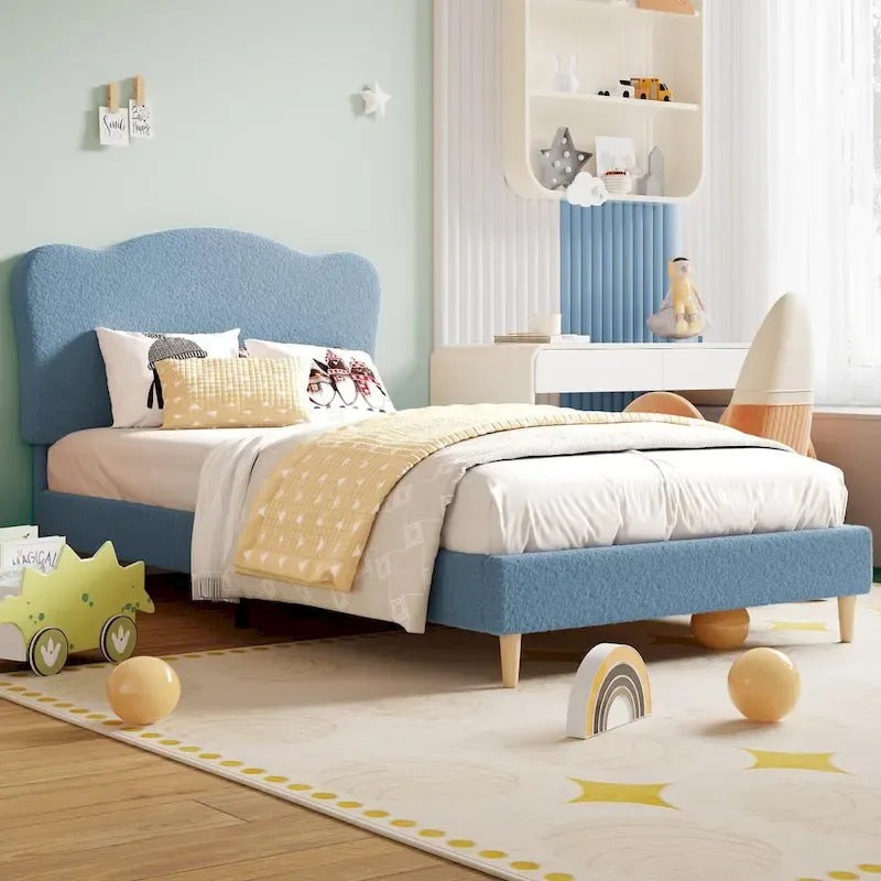 Twin Upholstered Platform Bed with Headboard – Pink / Blue / Beige, 1-Person