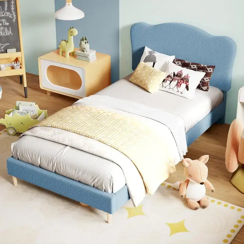 Twin Upholstered Platform Bed with Headboard – Pink / Blue / Beige, 1-Person