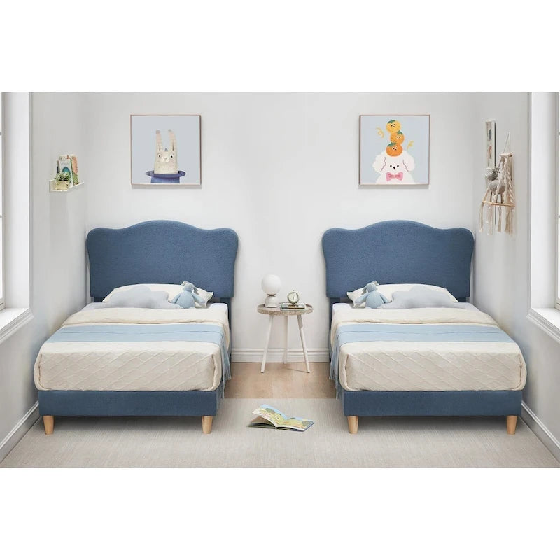 Twin Upholstered Platform Bed with Headboard – Pink / Blue / Beige, 1-Person