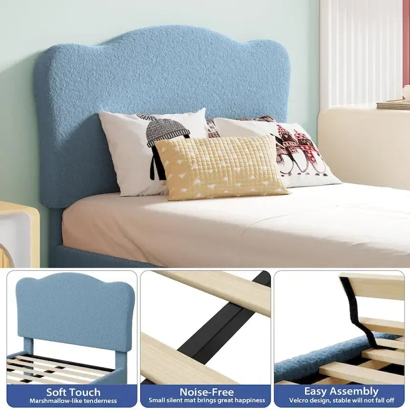 Twin Upholstered Platform Bed with Headboard – Pink / Blue / Beige, 1-Person