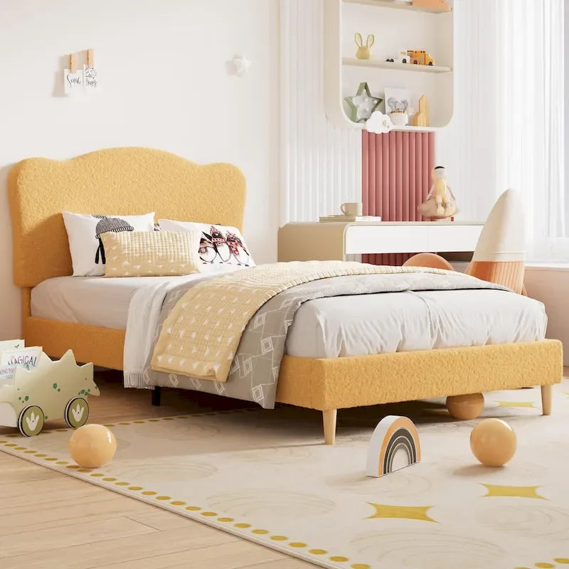 Twin Upholstered Platform Bed with Headboard – Pink / Blue / Beige, 1-Person