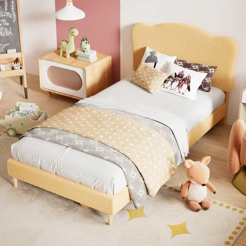 Twin Upholstered Platform Bed with Headboard – Pink / Blue / Beige, 1-Person