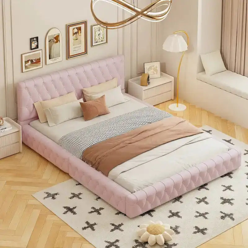 Pink/White Tufted Velvet Upholstered Queen Bed Frame