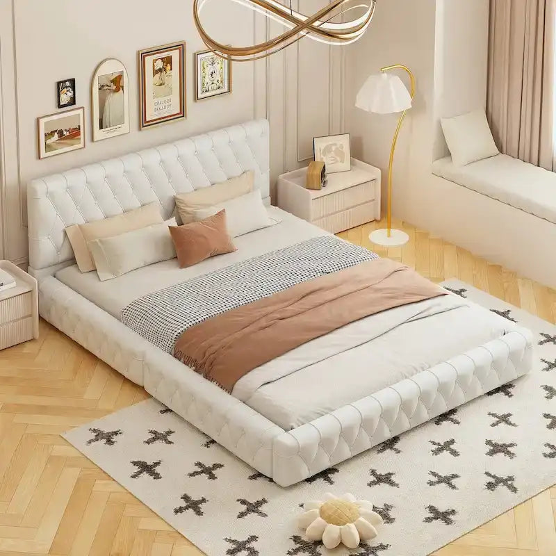 Pink/White Tufted Velvet Upholstered Queen Bed Frame
