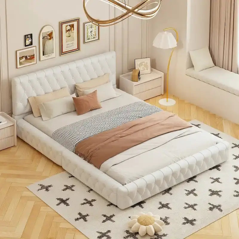 Pink/White Tufted Velvet Upholstered Queen Bed Frame