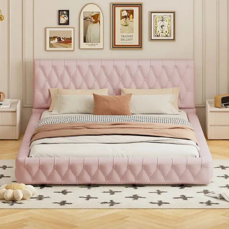 Pink/White Tufted Velvet Upholstered Queen Bed Frame