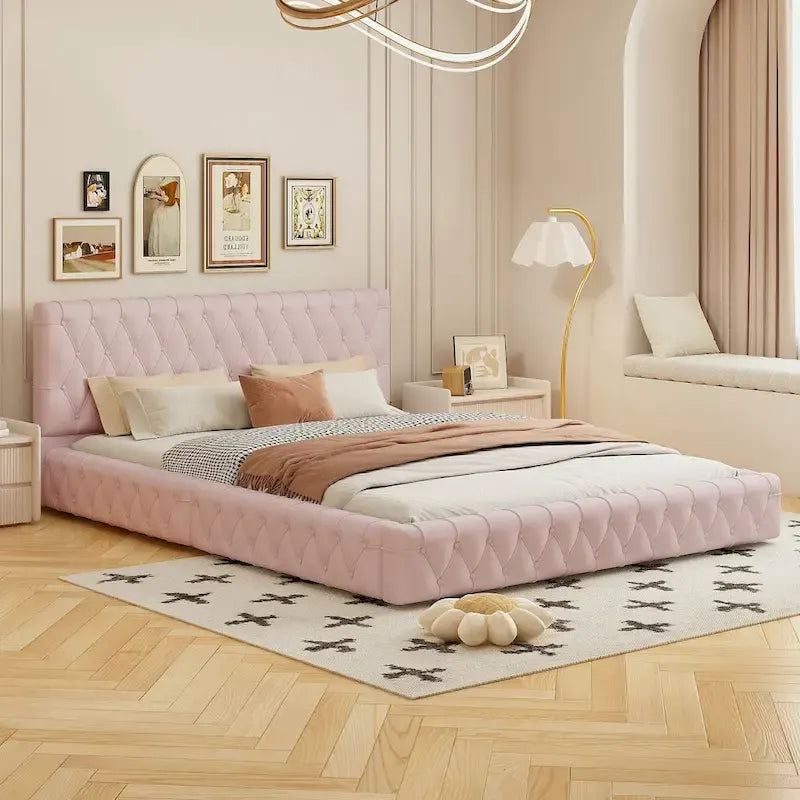 Pink/White Tufted Velvet Upholstered Queen Bed Frame