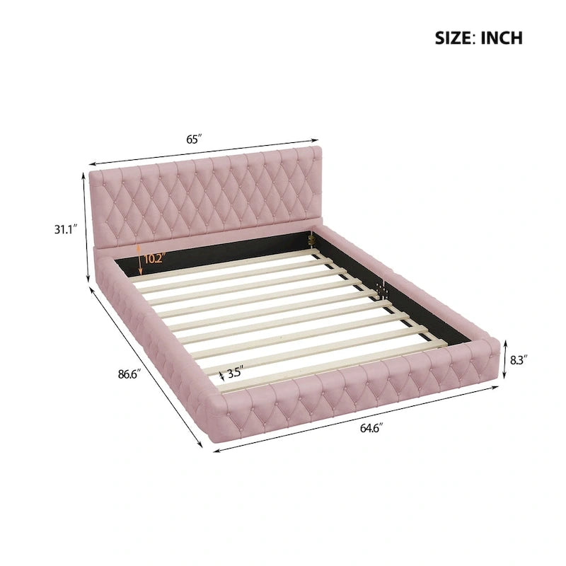 Pink/White Tufted Velvet Upholstered Queen Bed Frame