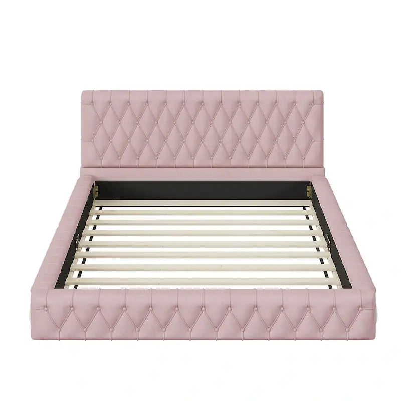 Pink/White Tufted Velvet Upholstered Queen Bed Frame