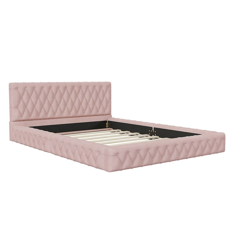Pink/White Tufted Velvet Upholstered Queen Bed Frame