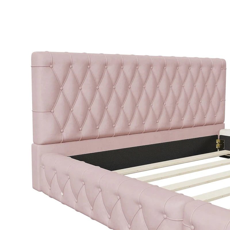 Pink/White Tufted Velvet Upholstered Queen Bed Frame