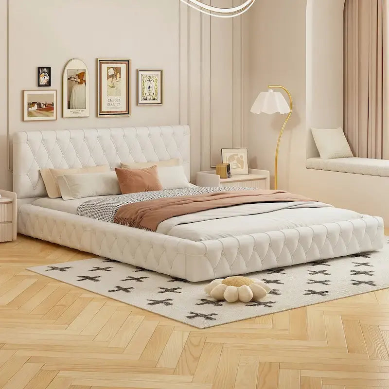 Pink/White Tufted Velvet Upholstered Queen Bed Frame