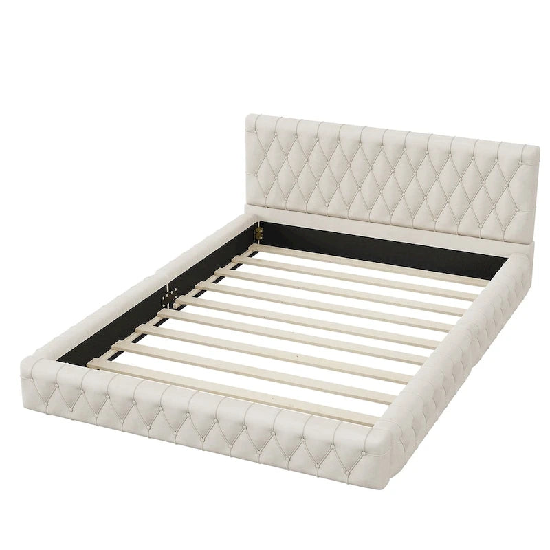 Pink/White Tufted Velvet Upholstered Queen Bed Frame