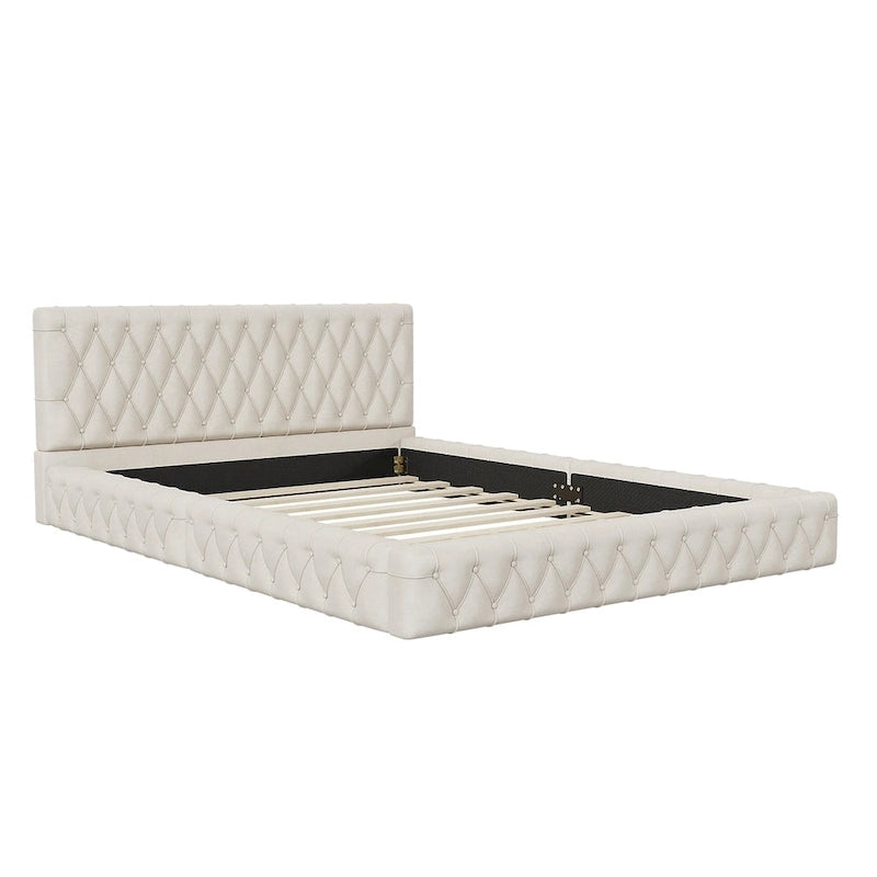 Pink/White Tufted Velvet Upholstered Queen Bed Frame