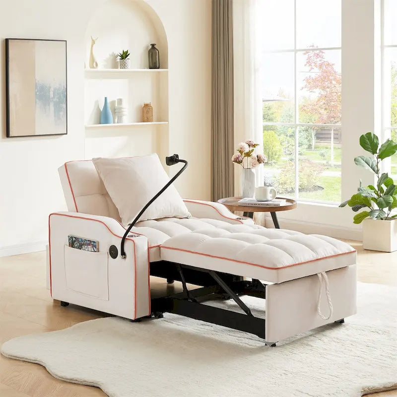 Grey / Beige Convertible Sleeper Chair Bed, 3-Position Recliner, Single